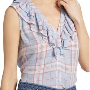 💙 Veronica Beard Leina Ruffle Plaid Blouse – Size L – NWOT